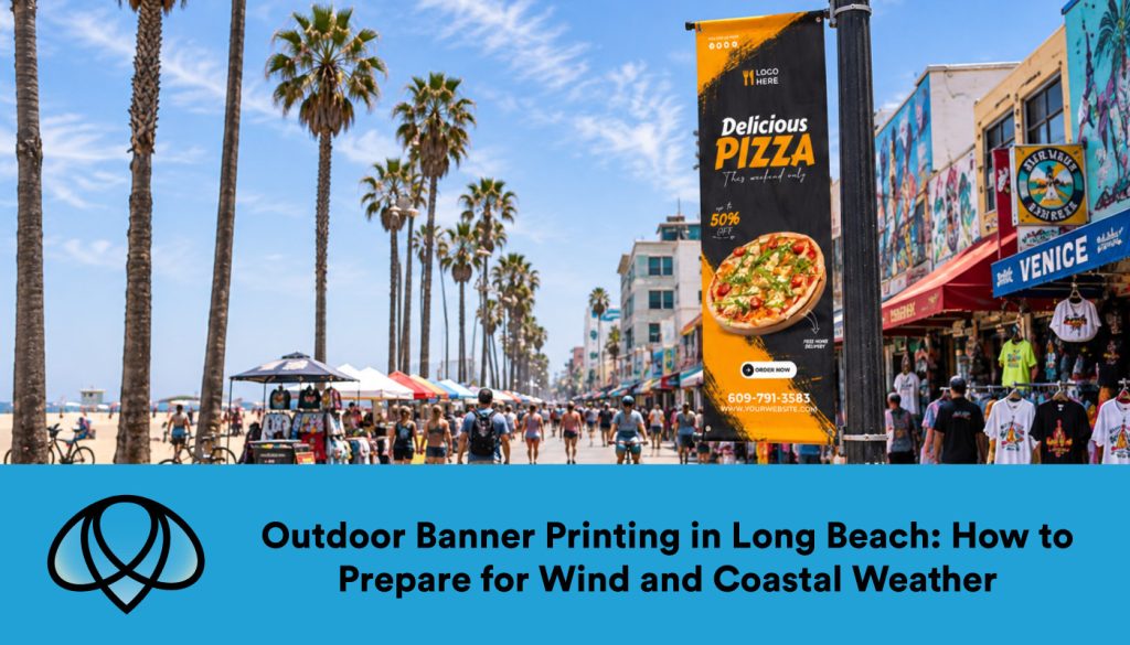 Vertical outdoor pizza banner on a light pole along a palm-lined beach boardwalk